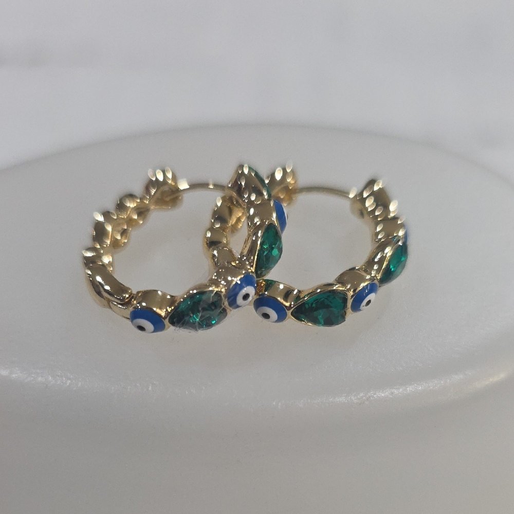 14k Gold Plated Hoop Earrings with Blue and Green Evil Eye Accents